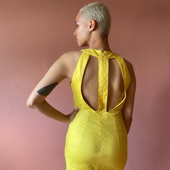 80s Dress Bright Yellow Bodycon Dress Linen Yello… - image 2
