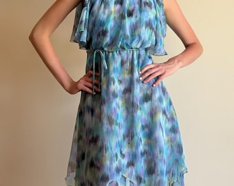 70s Flutter Sleeve Watercolor Chiffon Midi Dress – Asymmetrical Handkerchief Hem – Soft Blue Purple Dress