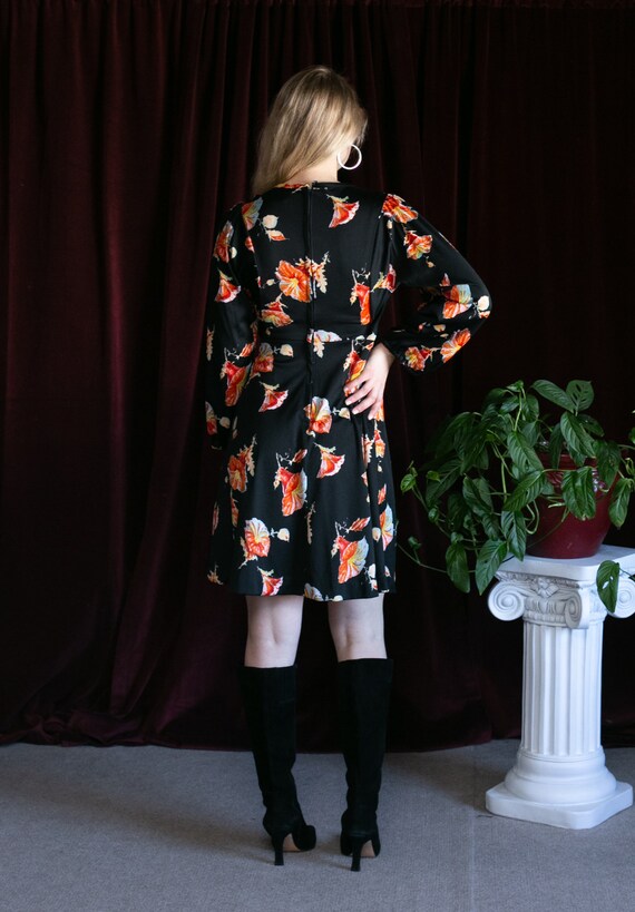 70s Tulip Floral Printed Hippie Dress Black & Ora… - image 8