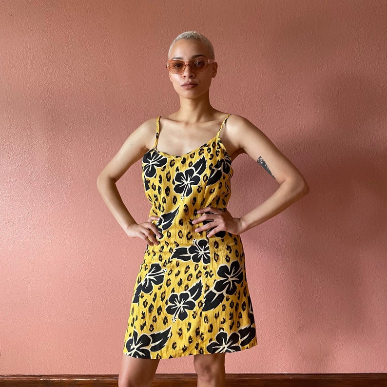 00s Y2K Mini Dress Tropical Summer Dress Hibiscus Print Yellow Cheetah Print Mini Dress Silk Dress image 5