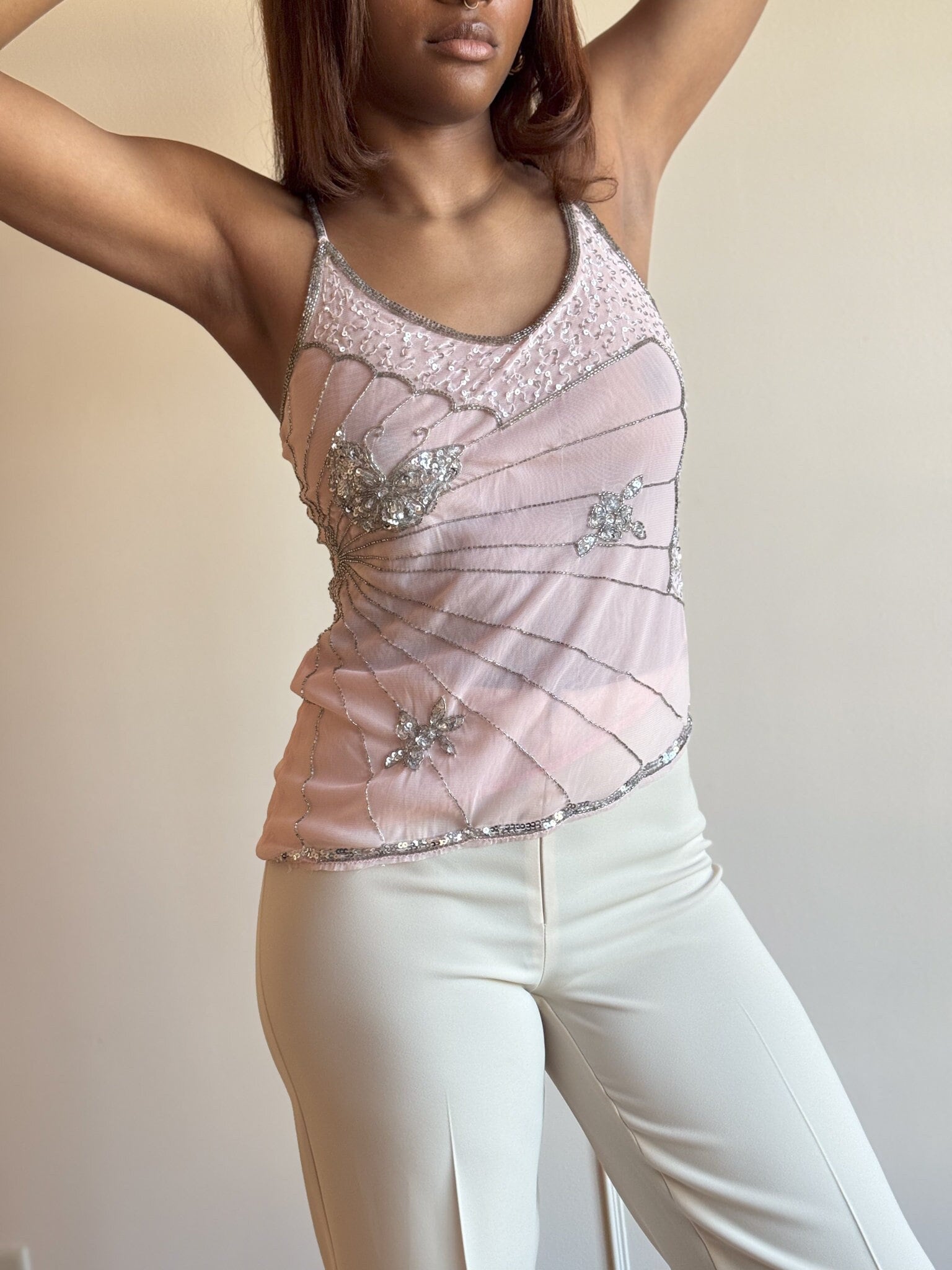 00s XOXO Pink Sequin Butterfly Print Spaghetti Strap Tank
