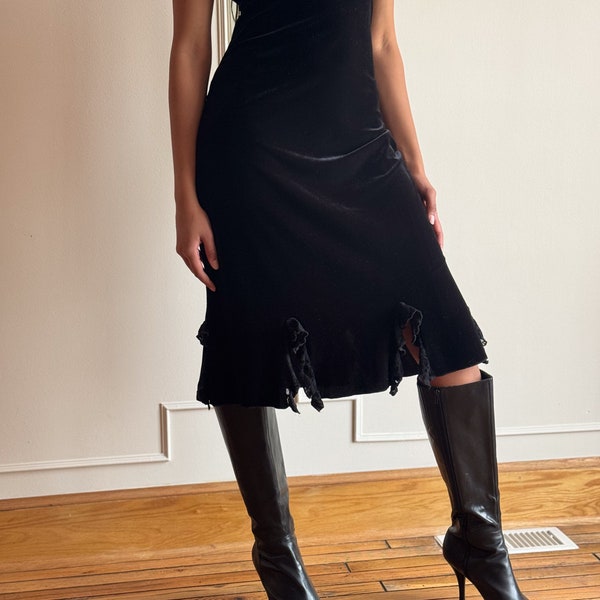 90s velvet burnout little black dress witchy goth lace dress stretchy wrap dress empire waist velvet dress M