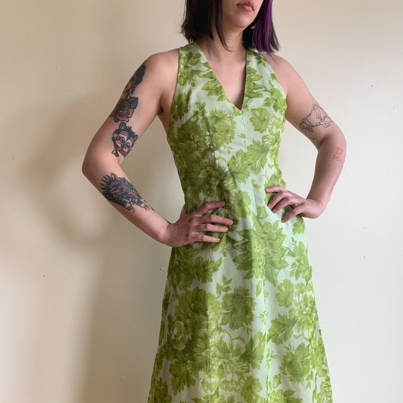 70s Maxi Dress Light Green Floral Chiffon Dress O… - image 2
