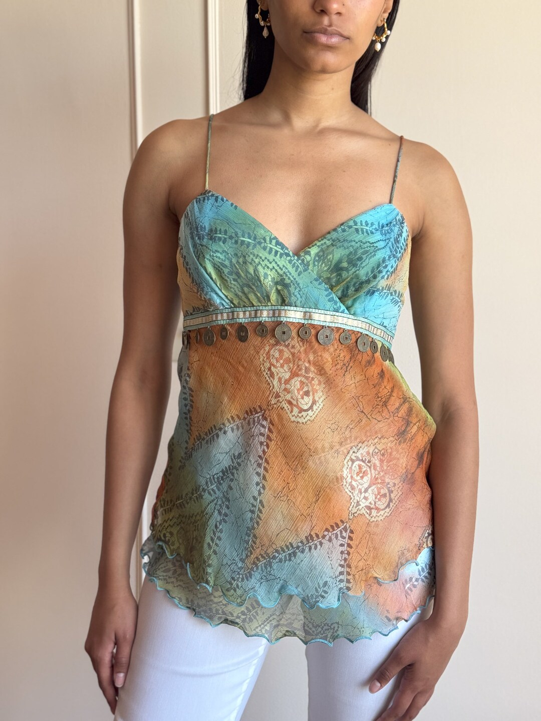Y2K Orange Tie Dye Wrap Top (S/M)