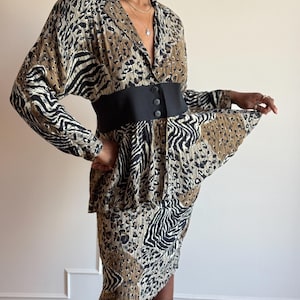 80s Calles New York Paris Animal Print Dolman Peplum Top & Straight Skirt Set