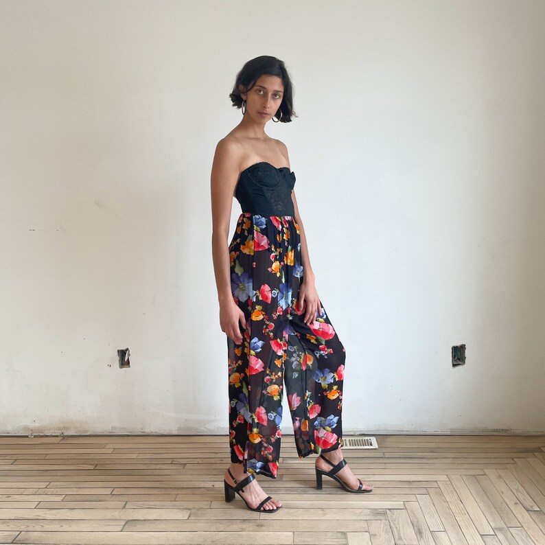 90s Sheer Floral Printed Pants High Waist Wide Leg Pants Black Bright Flower Print Red Blue Orange image 9