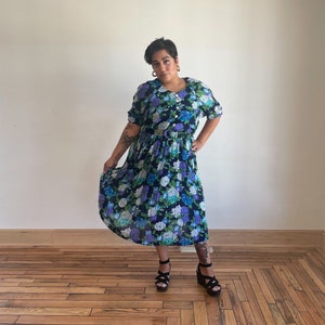 80s Midi Dress Blue Navy Floral Printed Dress Short Puff Sleeve Button Down Belted Pleated Midi Skirt