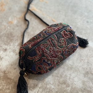 Vintage 80s Christian Dior Beaded Handbag / Evening Occasion Purse Blue Green Black Red Iconic Bag with Tassels