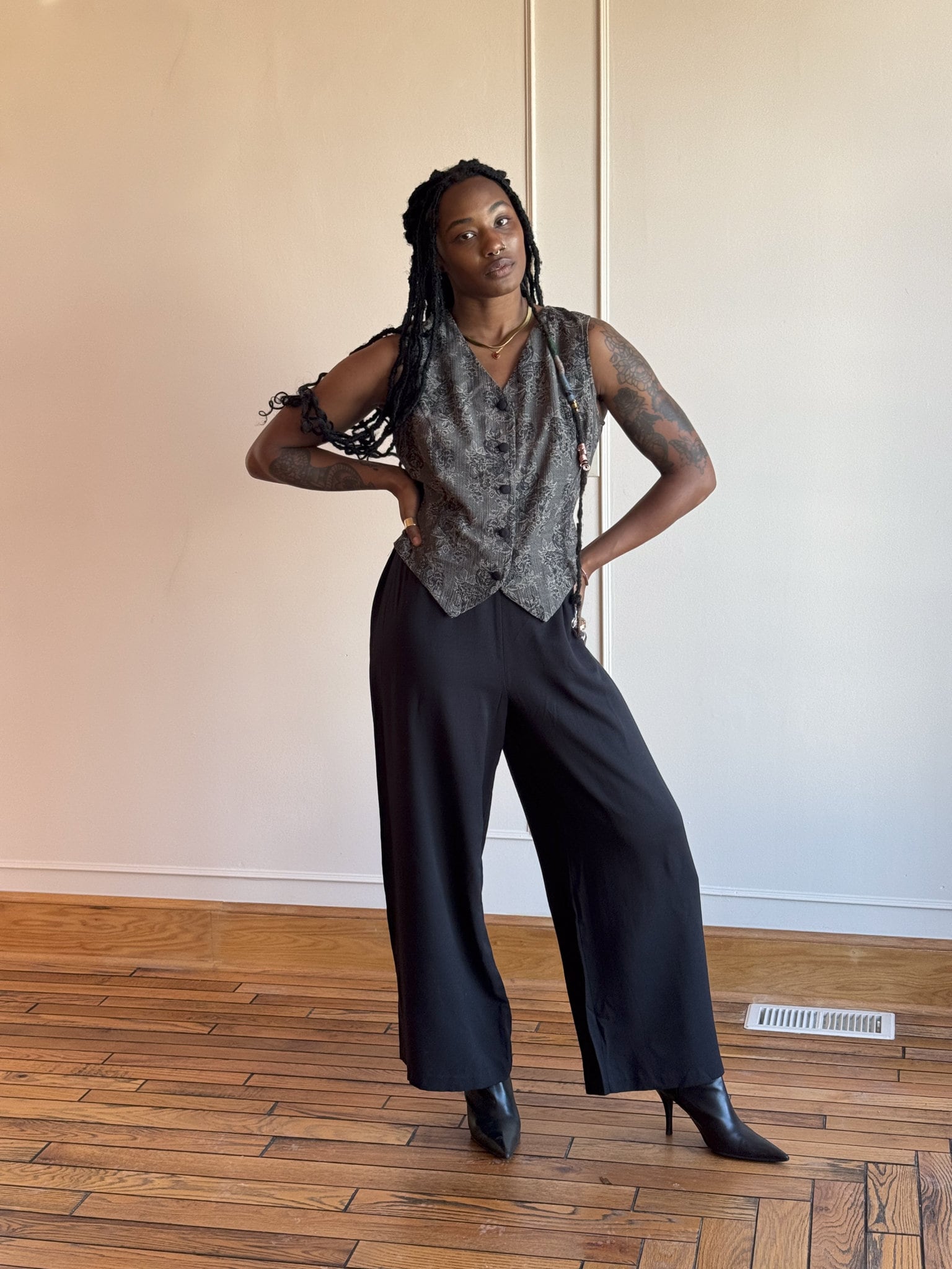 90s Floral Vest Top Jumpsuit – Black Wide Leg Rayon Pantsuit - Etsy