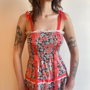 70s Prairie Dress Shirred Bodice Empire Waist Hippie Gown Maxi Dress Calico Floral Print Ribbon Detail Boho Festival Skirt Lace Trim Dress M 画像 6