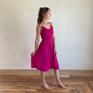 70s Dress Hot Pink Disco Dress Strappy Open Back Full Skirt Cowl Neck Gathered Cinched Waist Midi Dress image 8