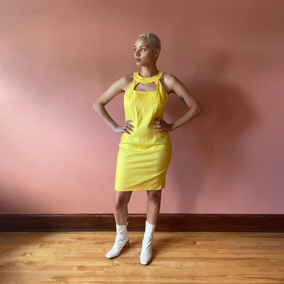 80s Dress Bright Yellow Bodycon Dress Linen Yello… - image 7
