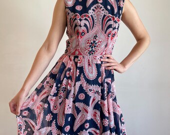 70s Maxi Dress Open Back Tie Back Navy Bandana Paisley Red Printed