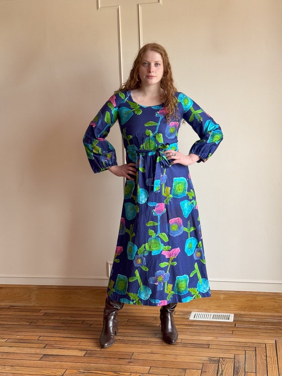 70s Floral Maxi Dress / Blue Pink Green Large Flo… - image 3