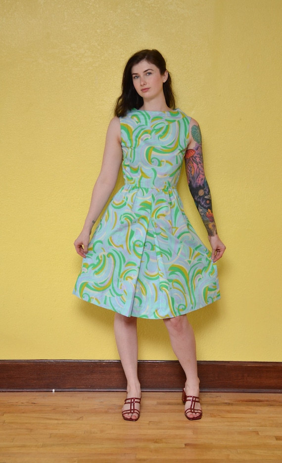 60s Pastel Swirl Print Mod Mini Dress Blue Green … - image 7
