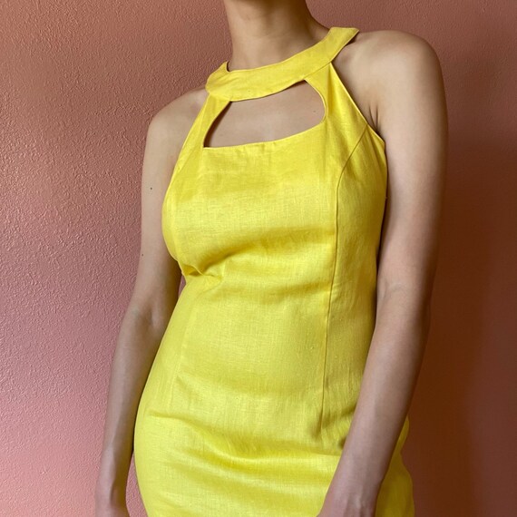 80s Dress Bright Yellow Bodycon Dress Linen Yello… - image 3