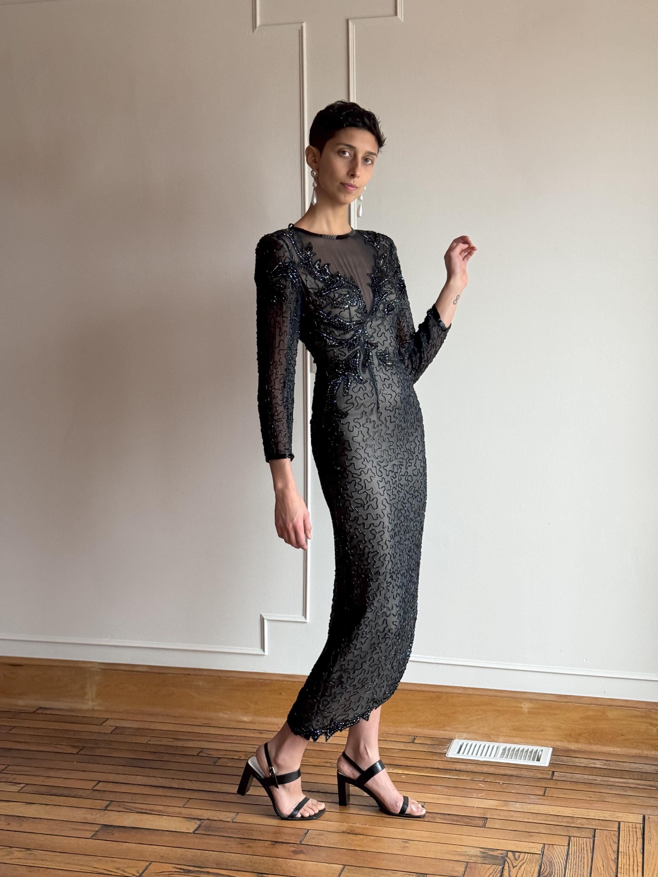 80s Sequin Silk Party Dress – Asymmetrical Black NYE Gown