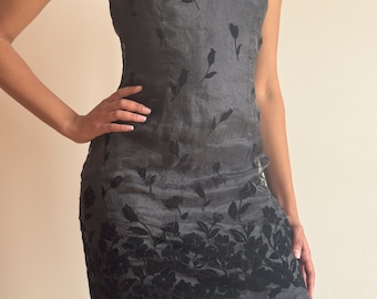 90s Velvet Burnout Floral Organza Mini Dress – Sheer Black Shift - S/M