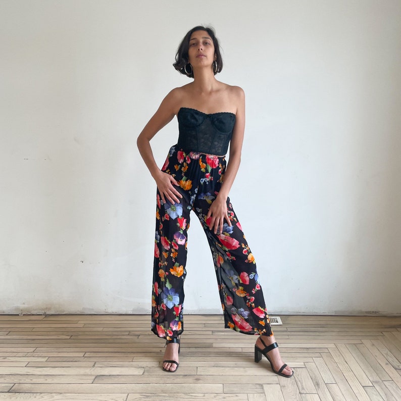 90s Sheer Floral Printed Pants High Waist Wide Leg Pants Black Bright Flower Print Red Blue Orange image 6