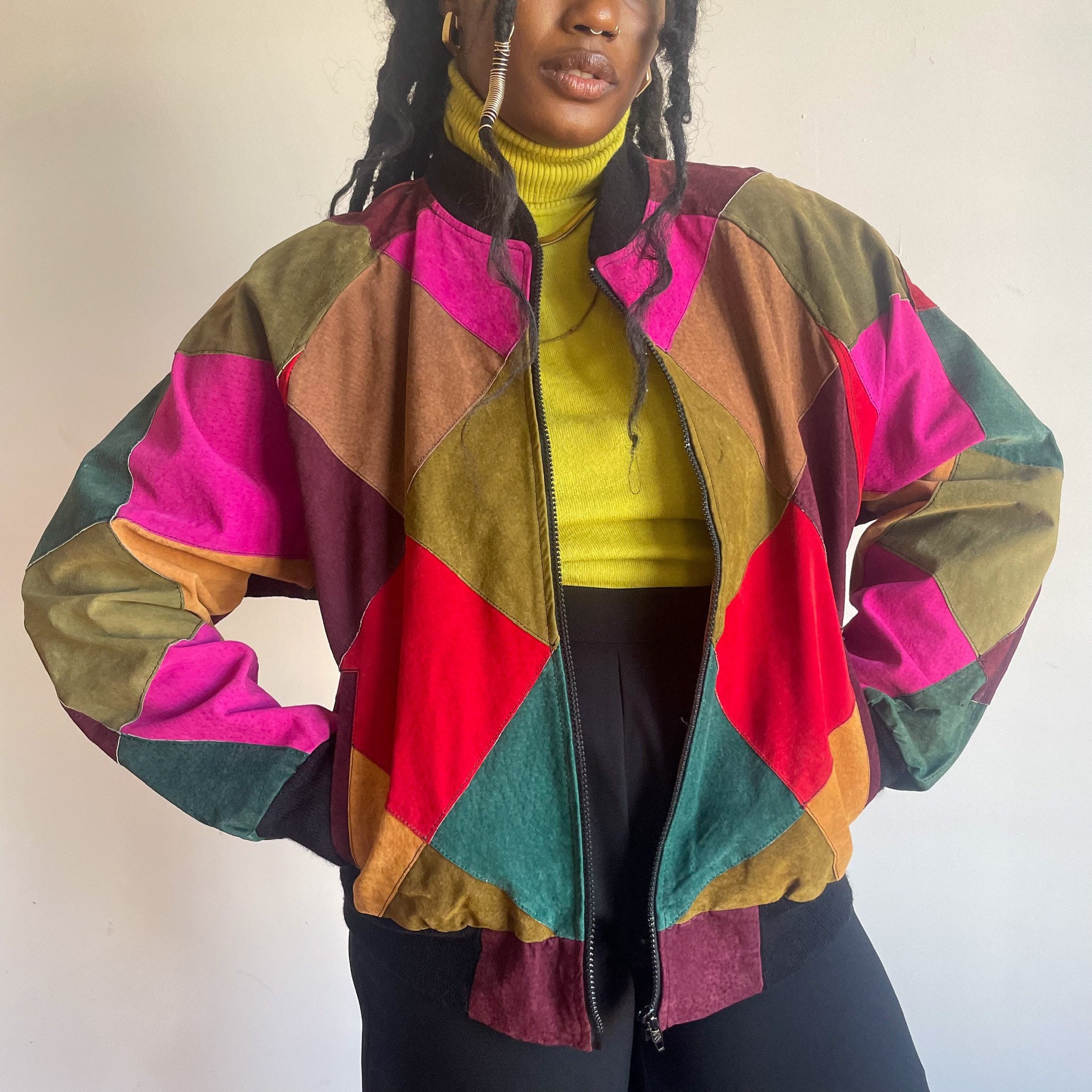 80s Patchwork Leather Jacket Suede Colorful Leather Batwing Sleeve 