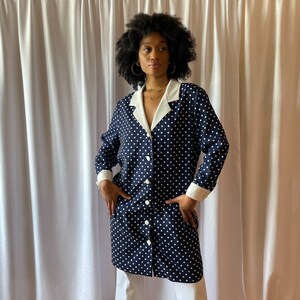80s Dress Navy White Polka Dot Jacket Style Dress Dramatic Collar Long Sleeve Cuff Large White Buttons Front Pockets image 8