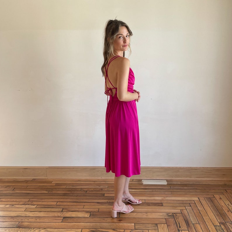 70s Dress Hot Pink Disco Dress Strappy Open Back Full Skirt Cowl Neck Gathered Cinched Waist Midi Dress image 10