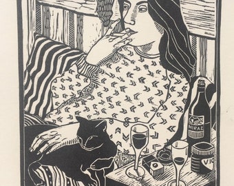 Linocut illustration print- cigarette in bed