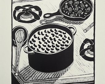 Original linocut- red beans.