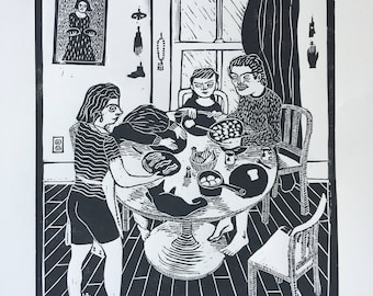 Linocut - Mandatory Breakfast