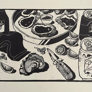 Oysters on the half shell— original Linocut print