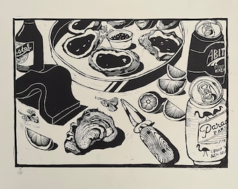 Oysters on the half shell— original Linocut print