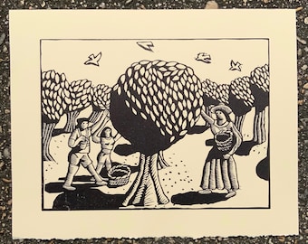 Blueberry picking in Mississippi -Linocut
