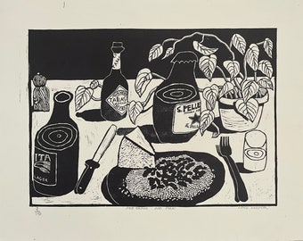Original linocut- red beans and rice