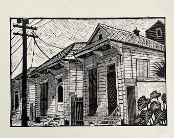 Shotguns on Dauphine st. Original Linocut