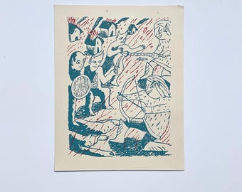 Battle of elves and orcs - original screen print