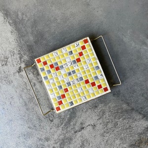 Mid Century Mosaic Tile Trivet with Metal Handles | MCM Multi Colored Tile Trivet | Mid Century Modern Trivet | Vintage Mosaic Tile Tivet