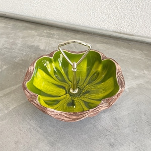 Sequoia Ware Green Drip Glaze Flower Serving Bowl with Handle | 712 USA | Kitschy Kitchen | Vintage Serving | Mid Century
