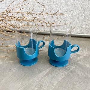 Vintage Corning Ware Glas-Snap Aqua Blue | Set of 2 | Glass Mugs with Removable Bottom  | MCM | Vintage Barware | Mid Century Modern