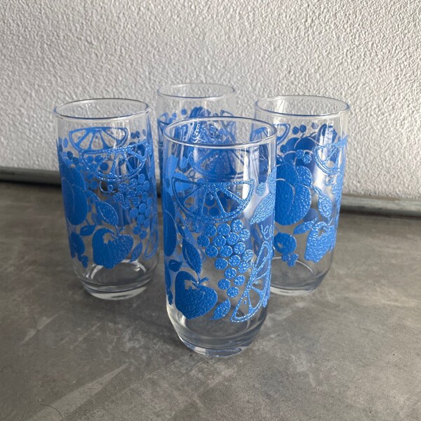 Libbey Blue Fruit Tall Glassware | Set of 4 | Vintage Tea Glasses | Fanciful Fruit | Vintage Tumblers | 1980s