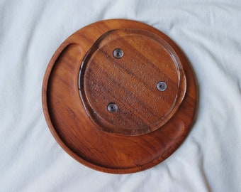 Kalmar Teak and Glass Serving Tray | Teakwood Round Serving Tray | MCM Teak | Mid Century Modern | Teak Tray with Glass Insert