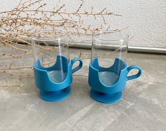 Vintage Corning Ware Glas-Snap Aqua Blue | Set of 2 | Glass Mugs with Removable Bottom  | MCM | Vintage Barware | Mid Century Modern