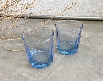 Lot de 2 verres bleus à panneaux vintage | Verres Rocks à l'ancienne | articles de bar vintage | verrerie vintage | Verrerie du milieu du siècle