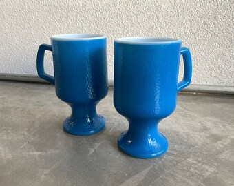 Vintage Bright Blue Pedestal Coffee Mugs | Set of 2 | Orange Peel Texture Milk Glass | Vintage Coffee Cup | Y2k Decor