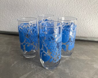 Libbey Blue Fruit Tall Glassware | Set of 4 | Vintage Tea Glasses | Fanciful Fruit | Vintage Tumblers | 1980s