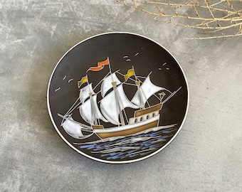 Vintage West German Hanging Plate of Boat | Vintage Ship Plate Ruscha | Black Matte Plate with Glaze | Mid Century Modern | MCM