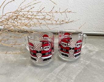 Luminarc Glass Santa Mugs Set of 2 | Vintage Holiday Decor | Red Santa Claus Coffee Mug | Vintage Christmas