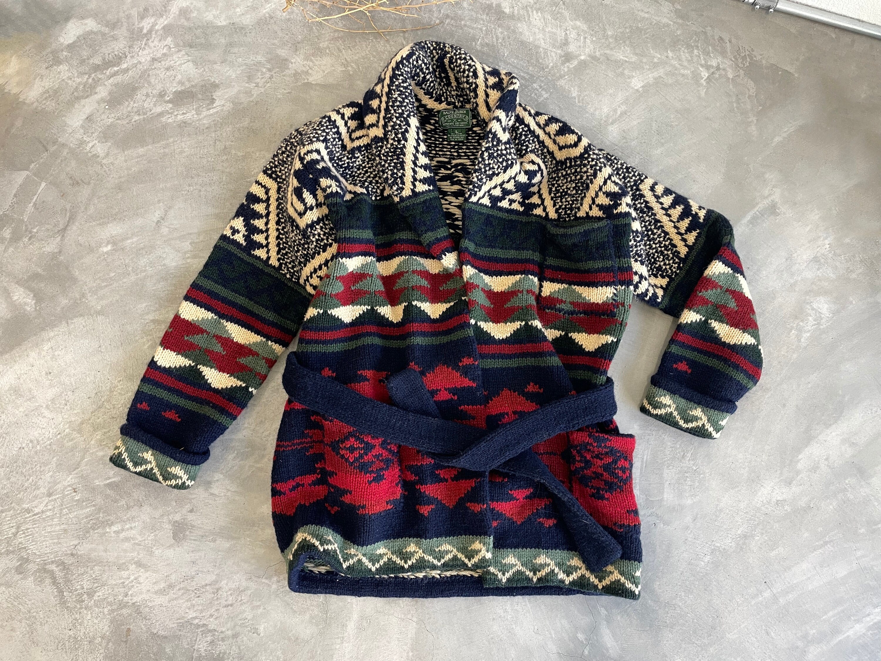 Vintage Ralph Lauren Country Southwestern Print Belted Cardigan 