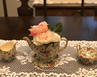 Antique Tea pot with Flowers, creamer and sugar