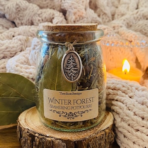 May include: A glass jar with a cork lid, filled with dried herbs and a metal charm. The jar has a label that reads "Winter Forest Simmering Potpourri." It sits on a wooden slice, with a soft, textured background.