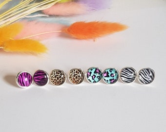 Animal Print Glass Cabochon Stud Earrings. Funky Leopard & Zebra Print 10mm Earrings. Gift for her.